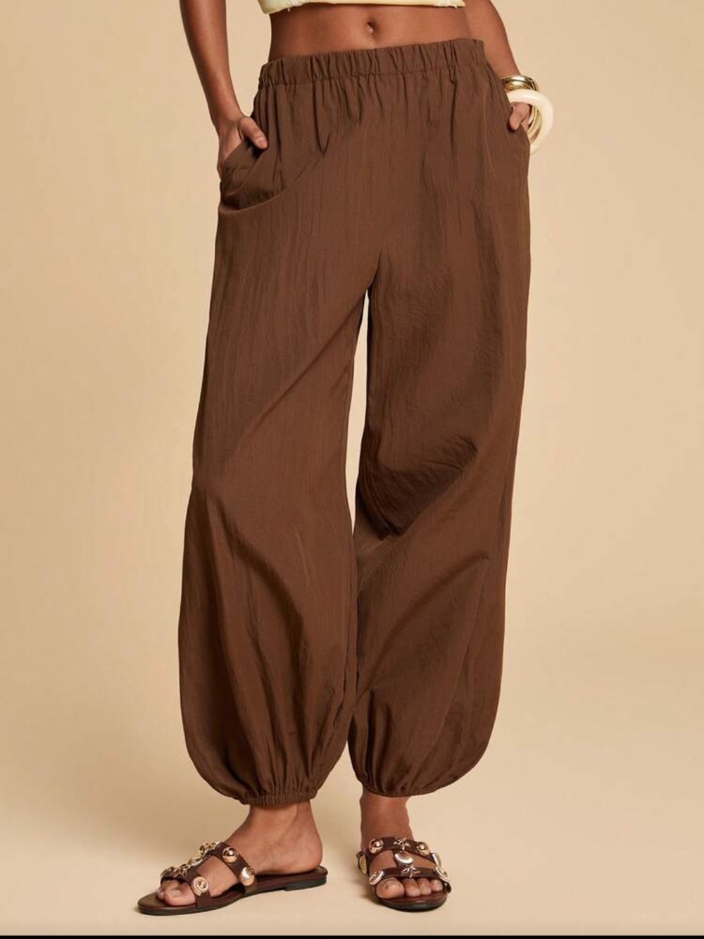 Brown Elastic-Waist Harem Pants - Picture 7 of 7